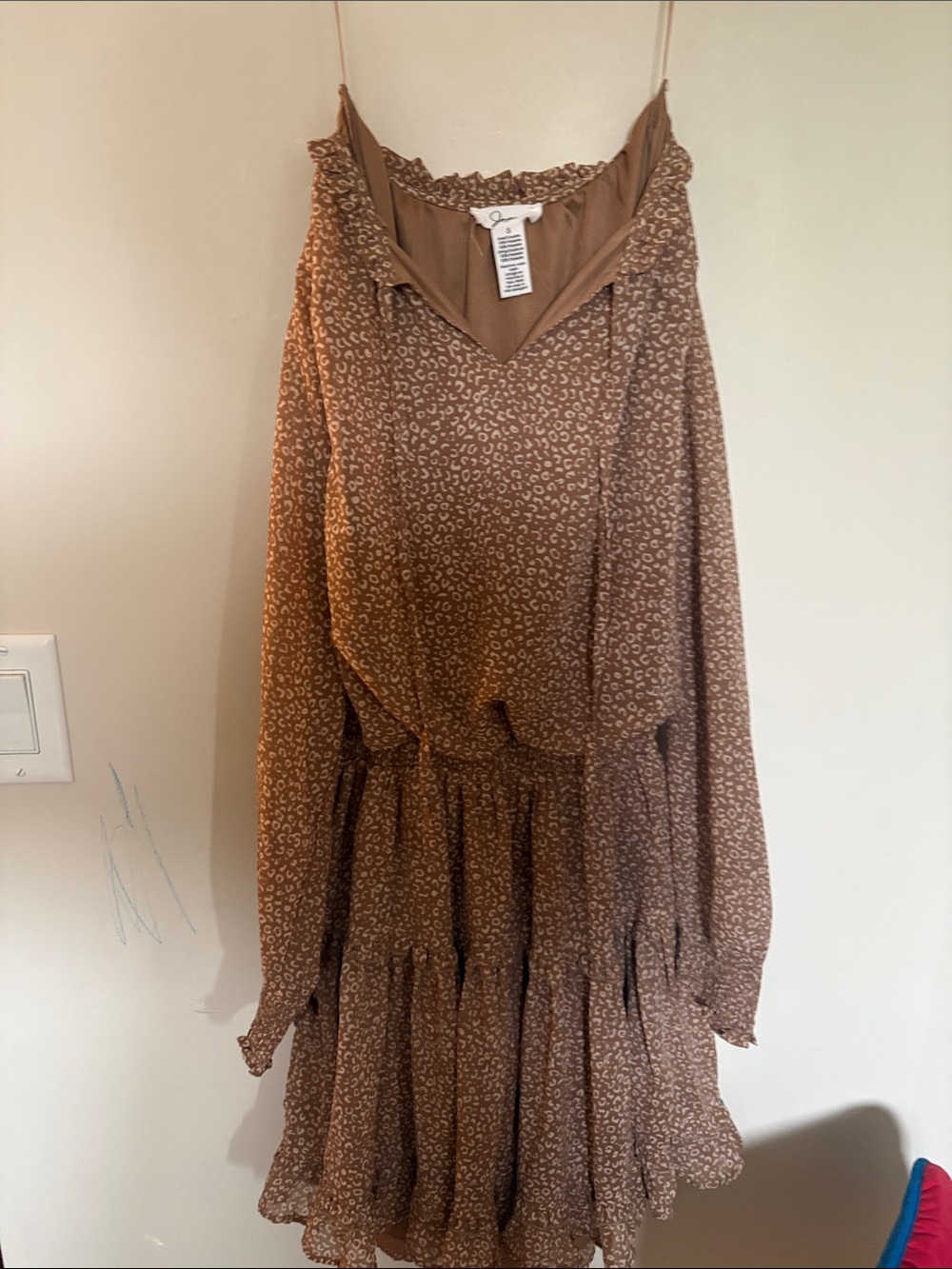 Brown Printed Long Sleeve Tiered Dress